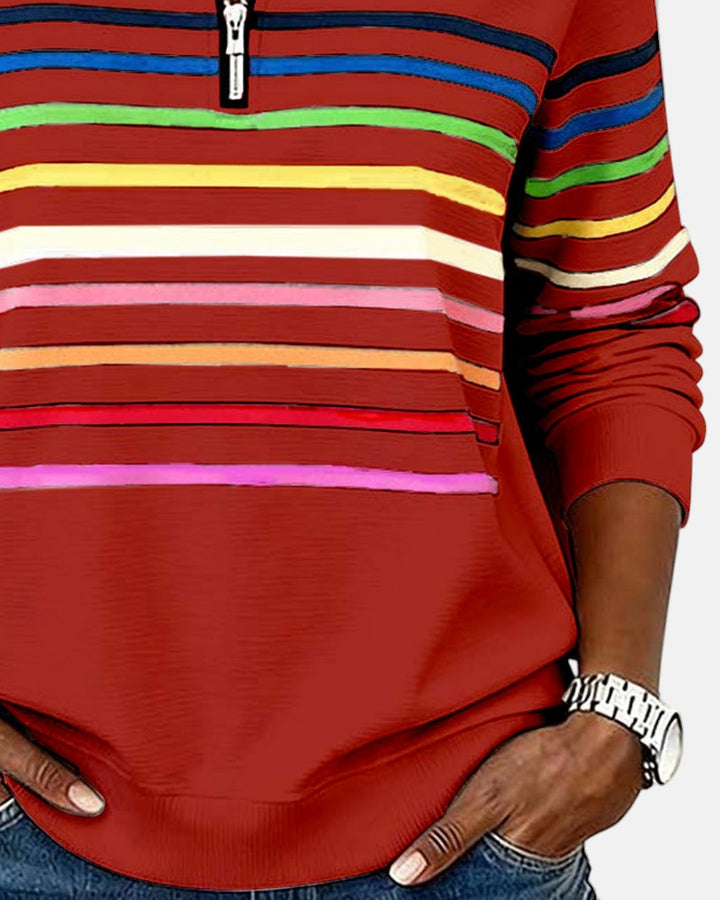 Rosalind striped quarter zip sweater in white, front view