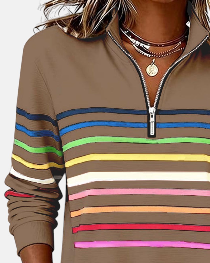 Rosalind striped quarter zip sweater in white, front view