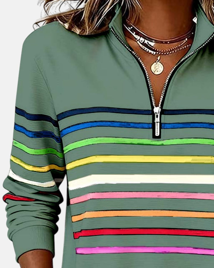 Rosalind striped quarter zip sweater in white, front view