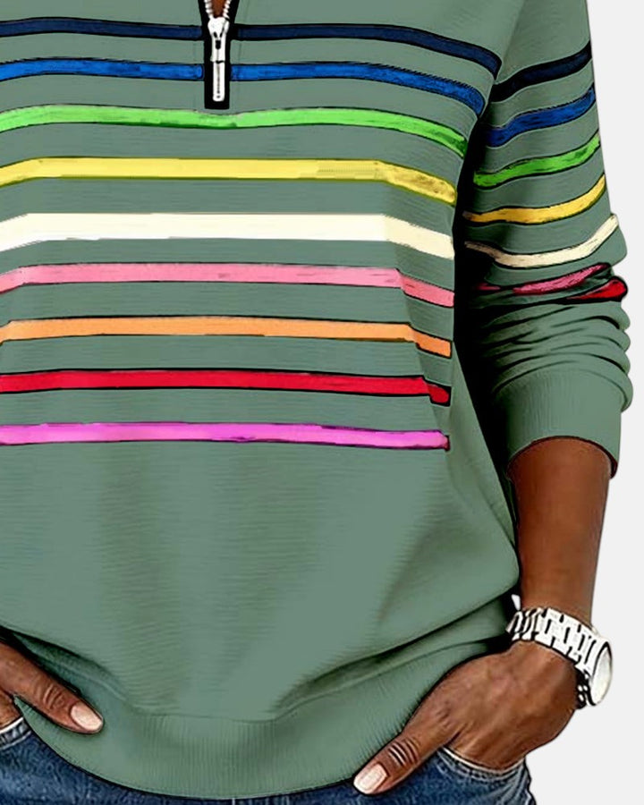 Rosalind striped quarter zip sweater in white, front view