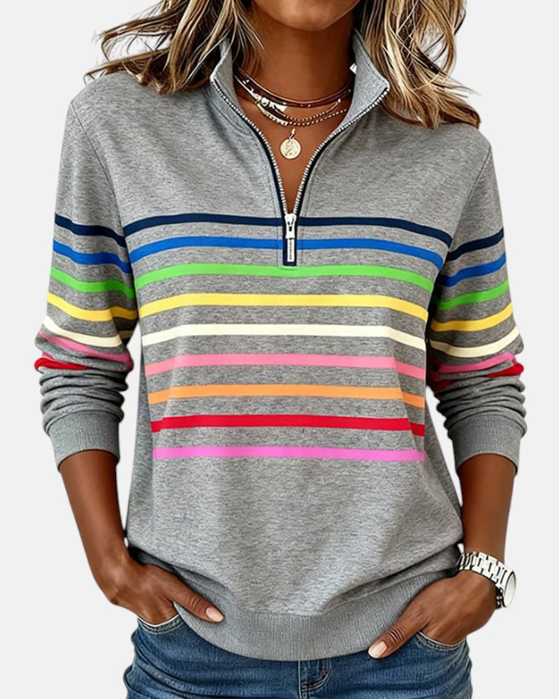 Rosalind striped quarter zip sweater in gray, front view