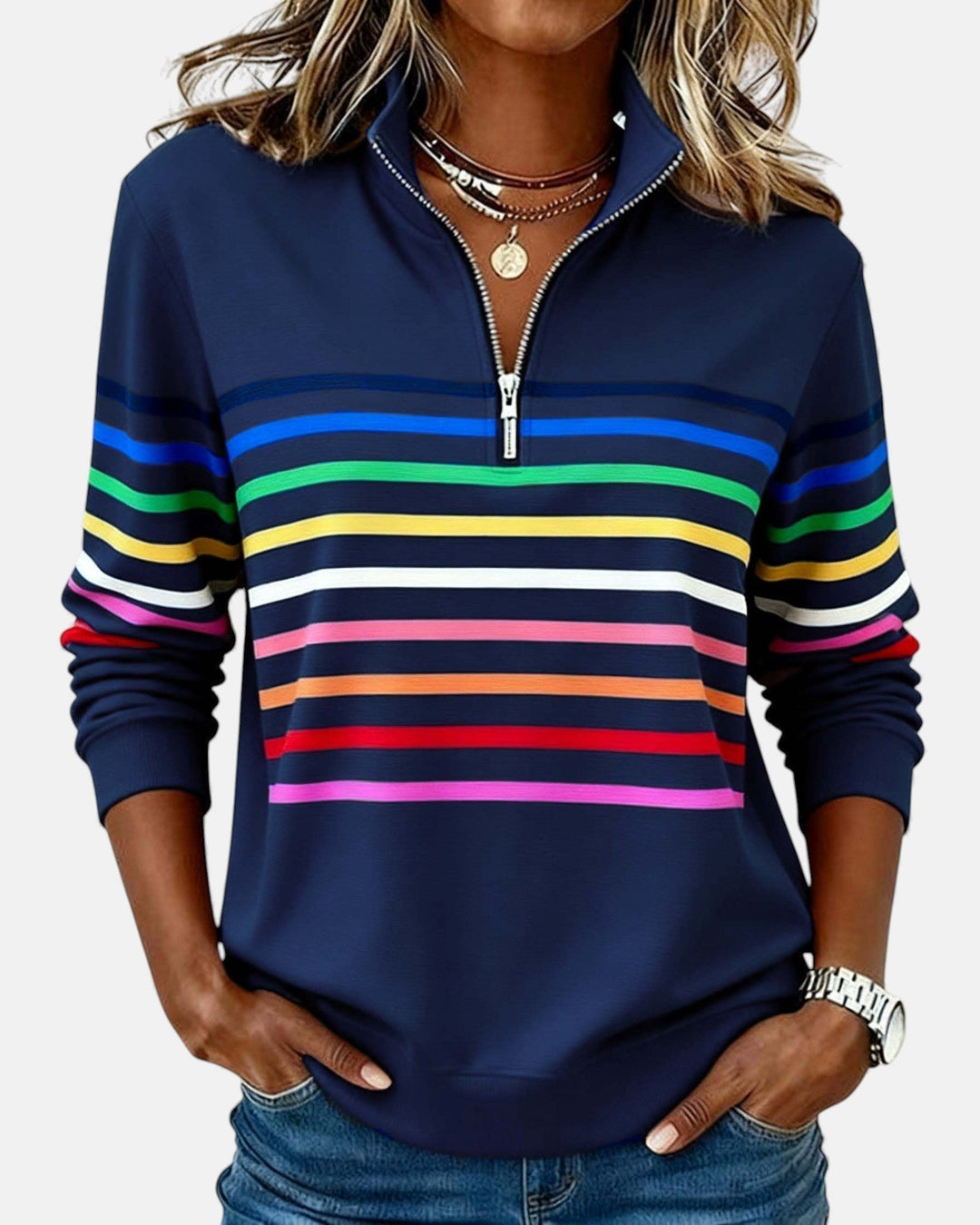 Rosalind striped quarter zip sweater in navy, front view