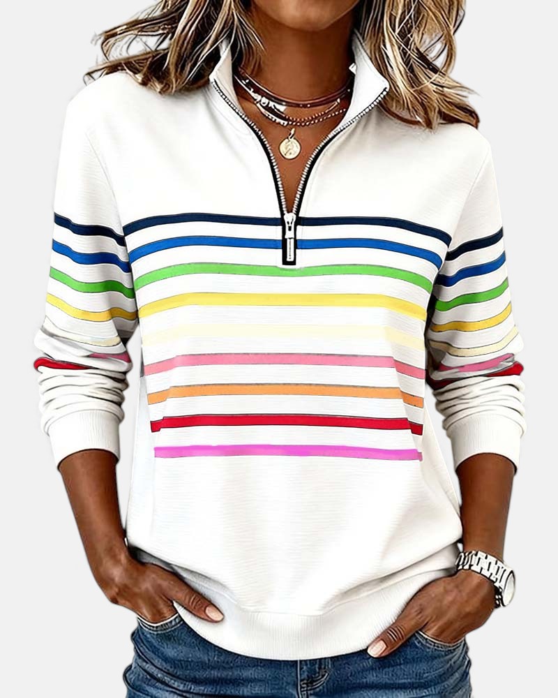 Rosalind striped quarter zip sweater in white, front view