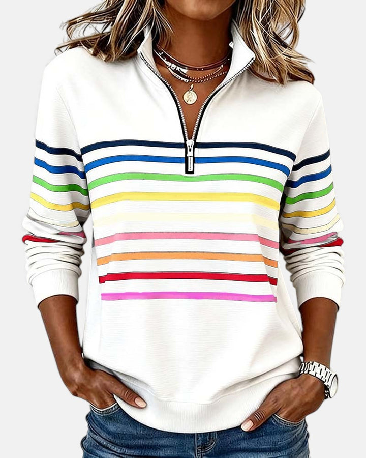 Rosalind striped quarter zip sweater in white, front view