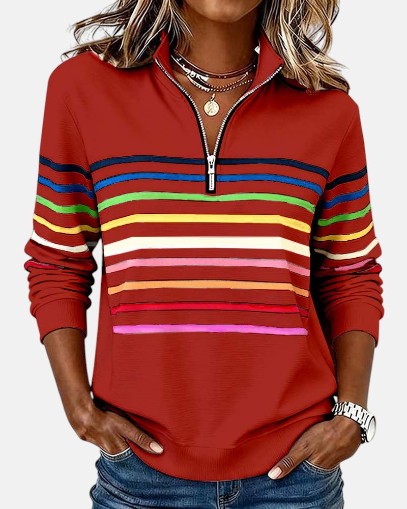 Rosalind striped quarter zip sweater in white, front view
