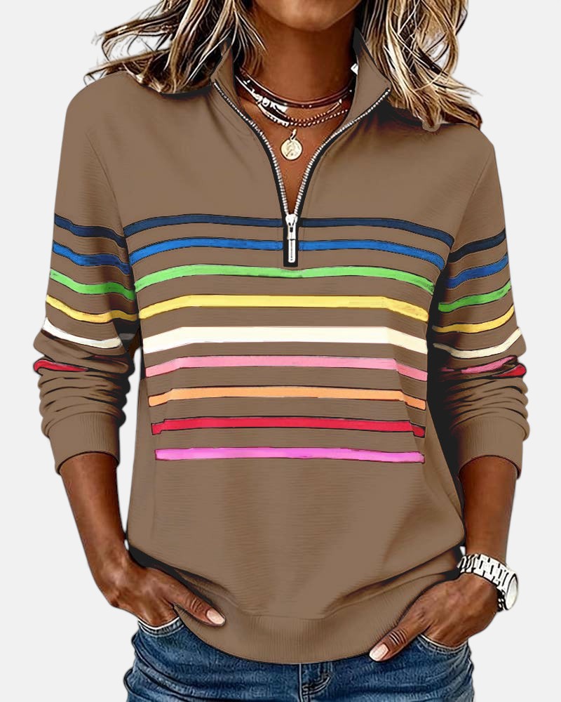 Rosalind striped quarter zip sweater in white, front view