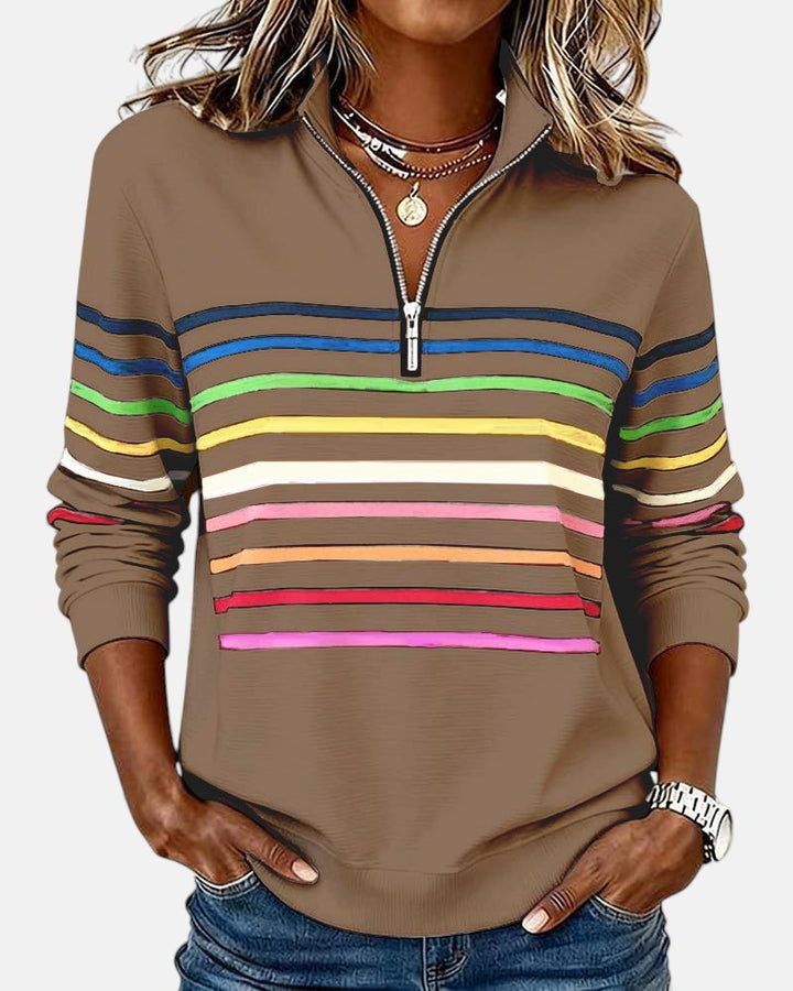 Rosalind striped quarter zip sweater in white, front view