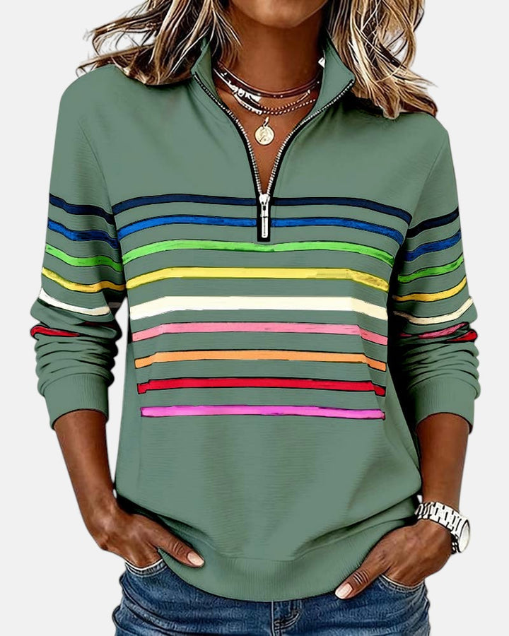 Rosalind striped quarter zip sweater in white, front view