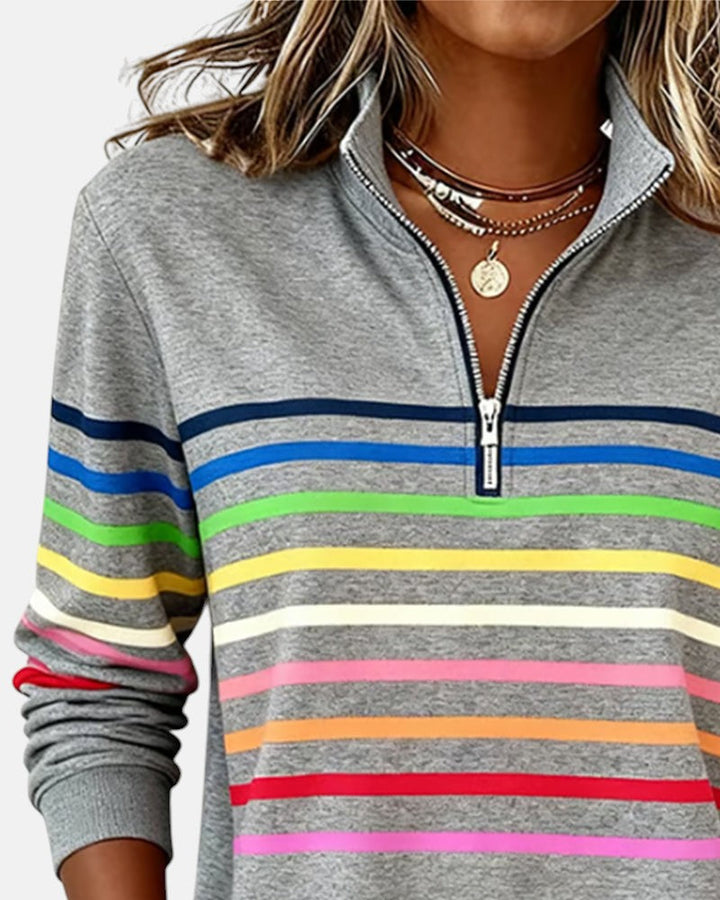 Rosalind striped quarter zip sweater in white, front view