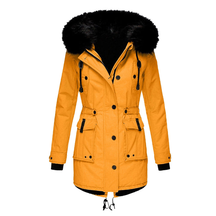Rosalinde faux fur hooded parka jacket in yellow, front view