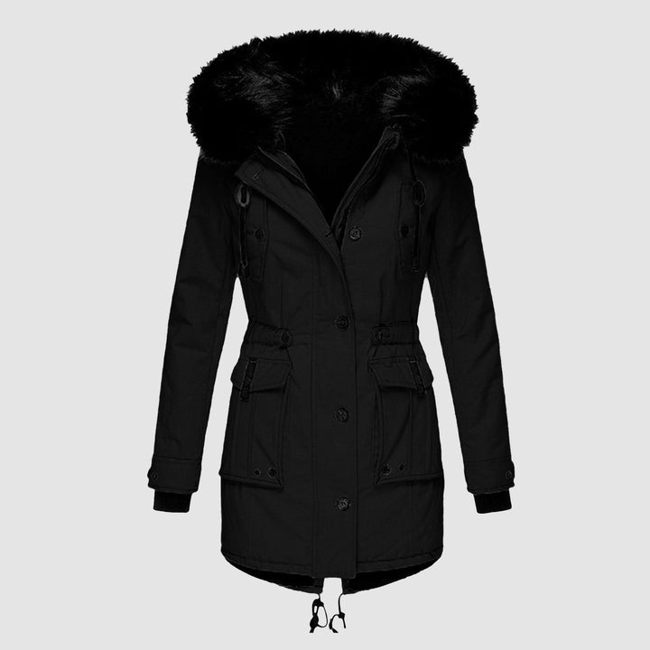 Rosalinde faux fur hooded parka jacket in black, front view
