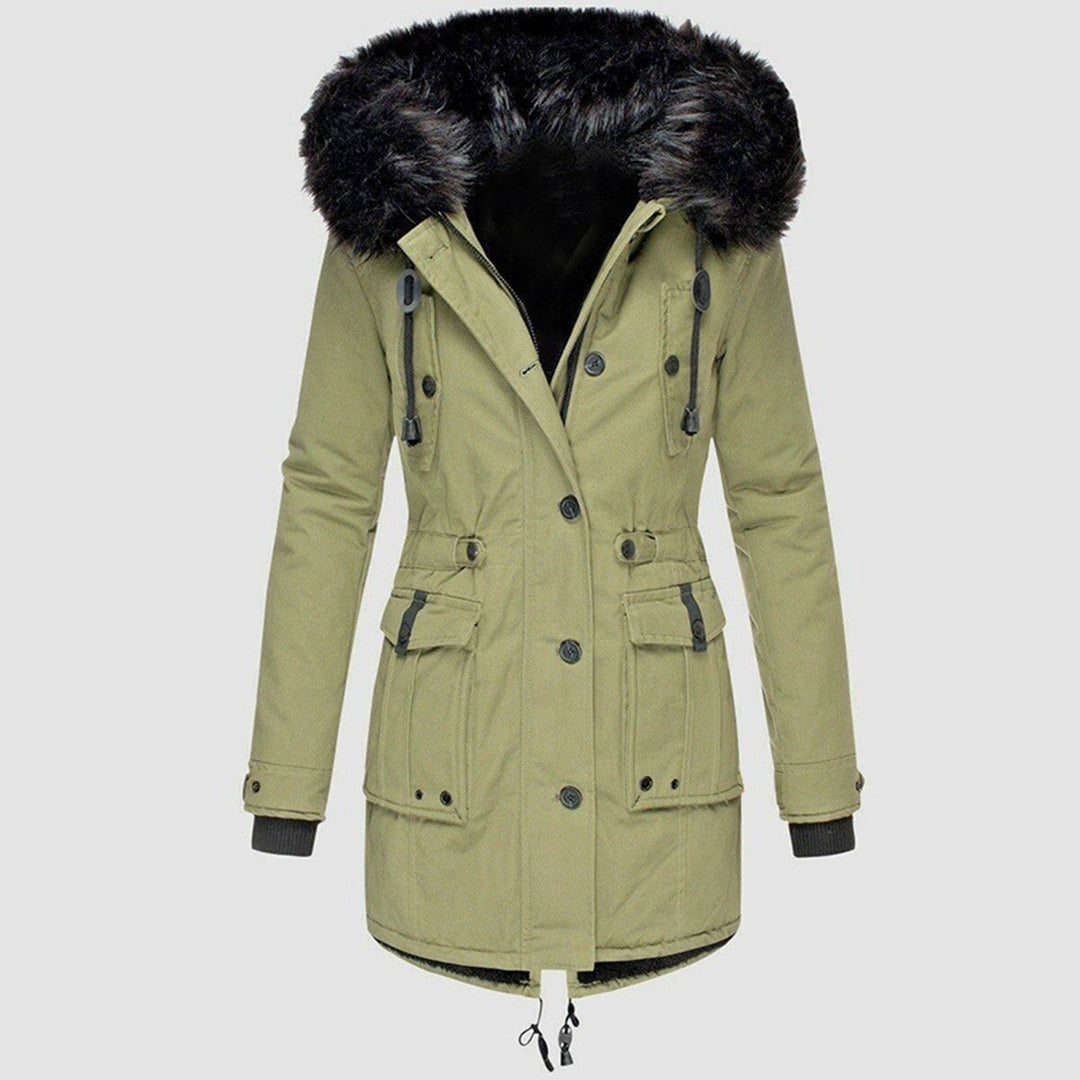 Rosalinde faux fur hooded parka jacket in green, front view