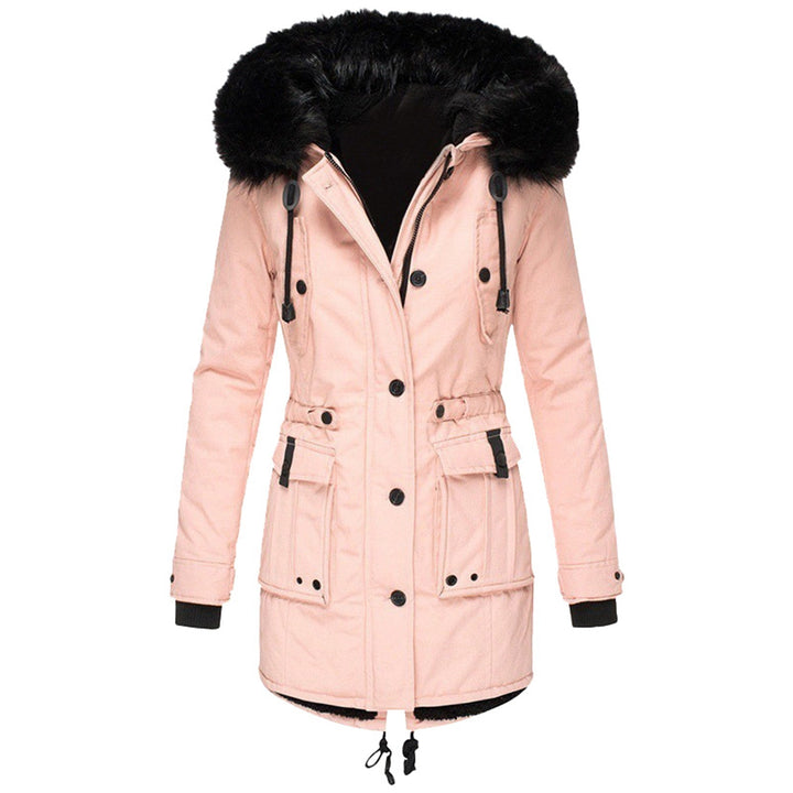 Rosalinde faux fur hooded parka jacket in pink, front view
