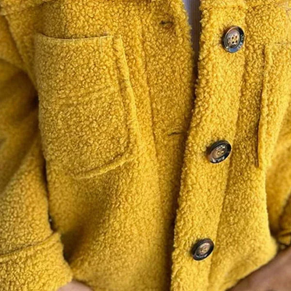 Rosalinde teddy coat pocket and button detail, yellow