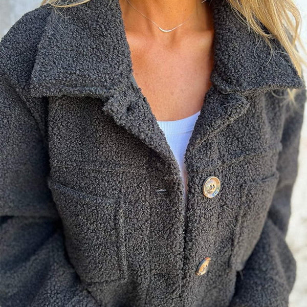 Rosalinde teddy coat lapel collar detail, gray