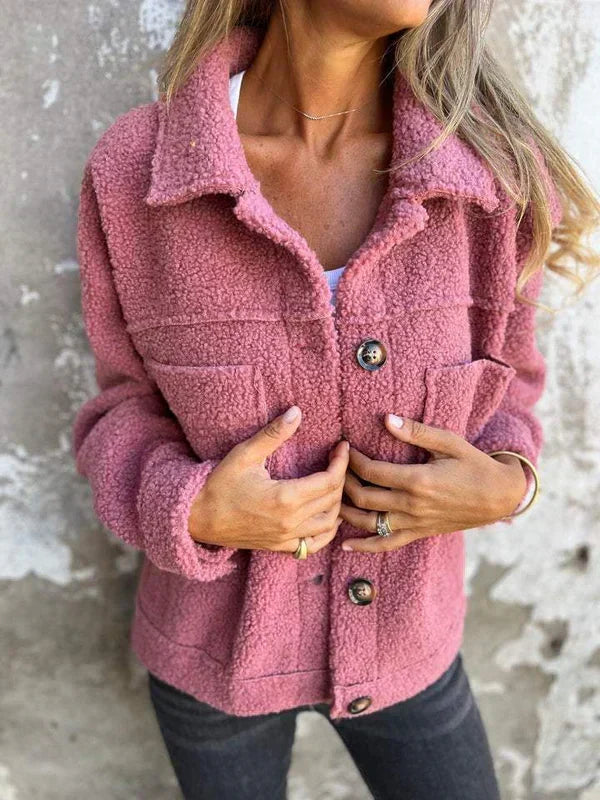 Rosalinde teddy coat front view with buttons and pockets, yellow