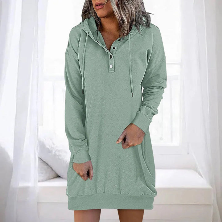 Rosalyn hooded button placket sweater dress in green, front view