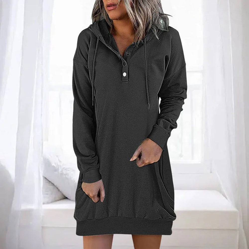 Rosalyn hooded button placket sweater dress in black, front view