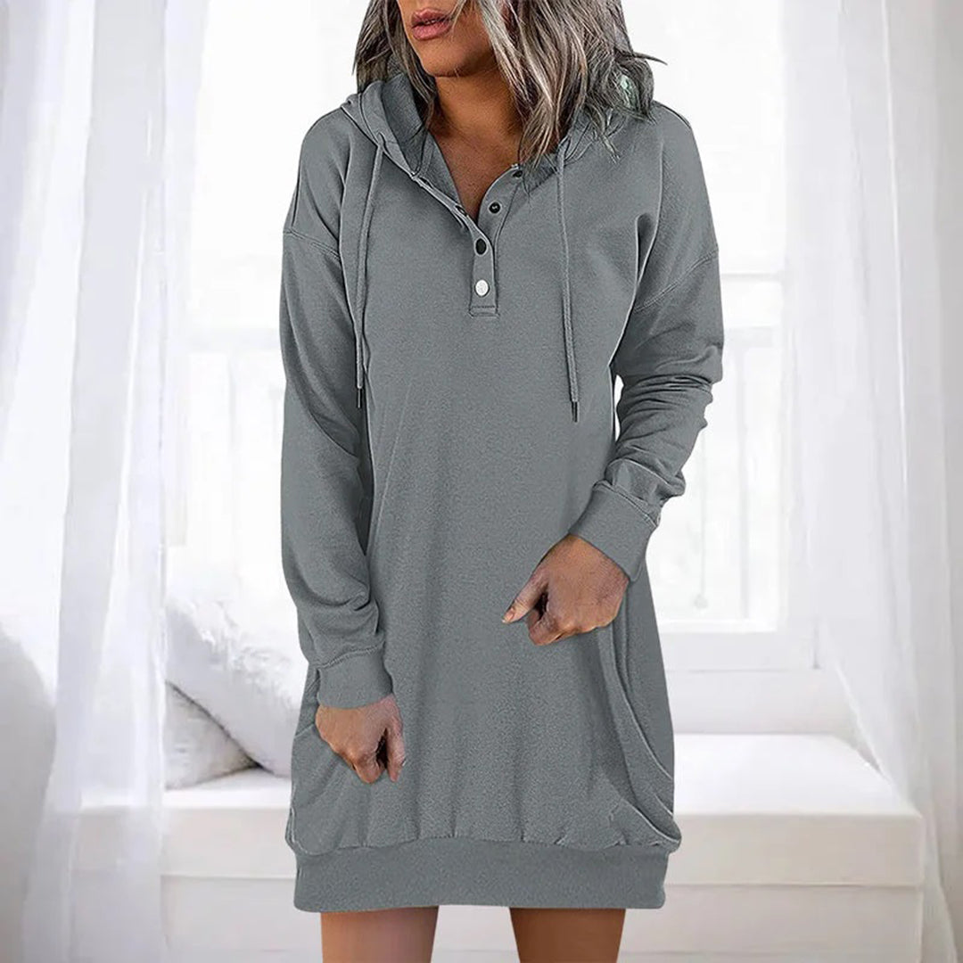 Rosalyn hooded button placket sweater dress in gray, front view