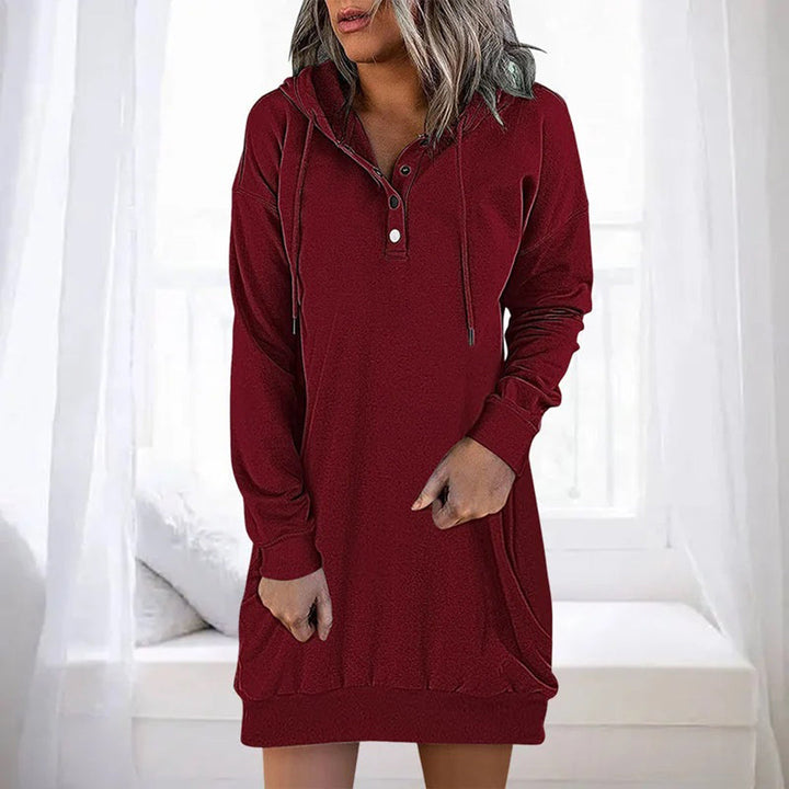 Rosalyn hooded button placket sweater dress in red, front view