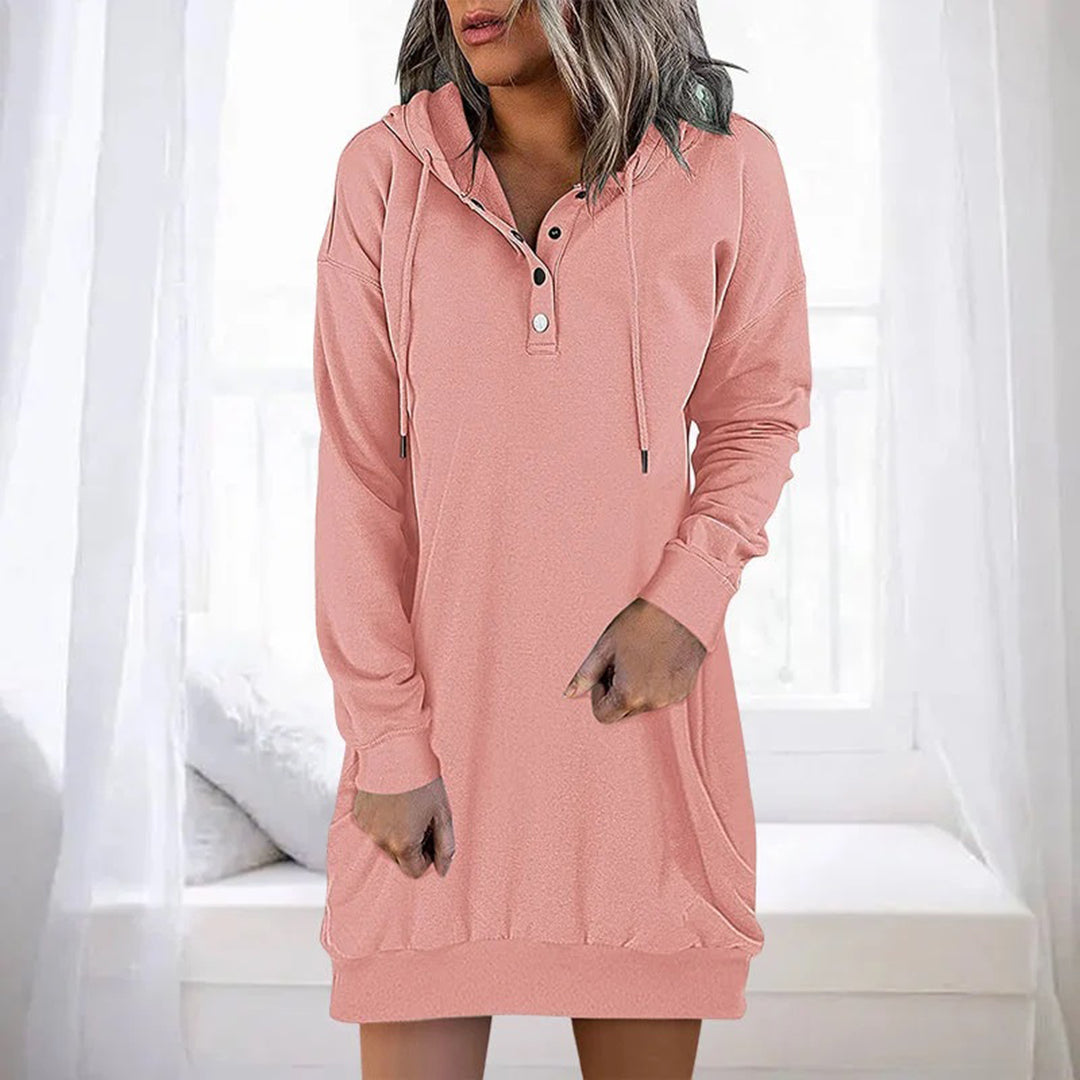 Rosalyn hooded button placket sweater dress in red, front view
