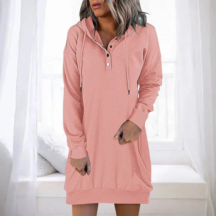 Rosalyn hooded button placket sweater dress in red, front view