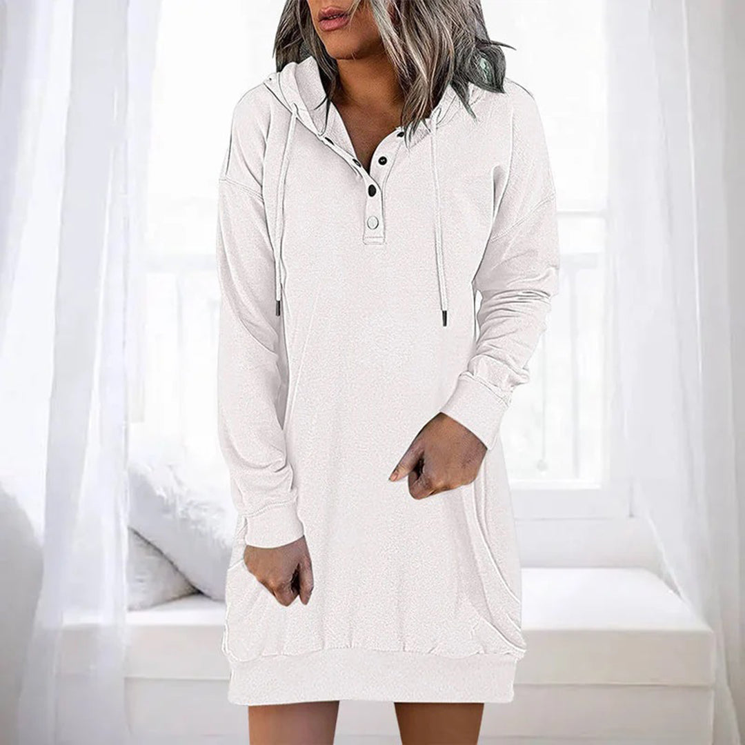 Rosalyn hooded button placket sweater dress in red, front view