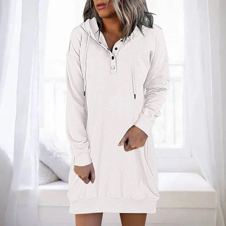 Rosalyn hooded button placket sweater dress in red, front view