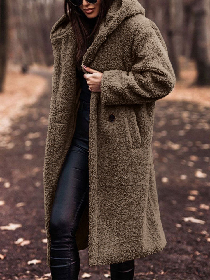 Rosamira hooded longline teddy coat in burgundy, front view with hood detail