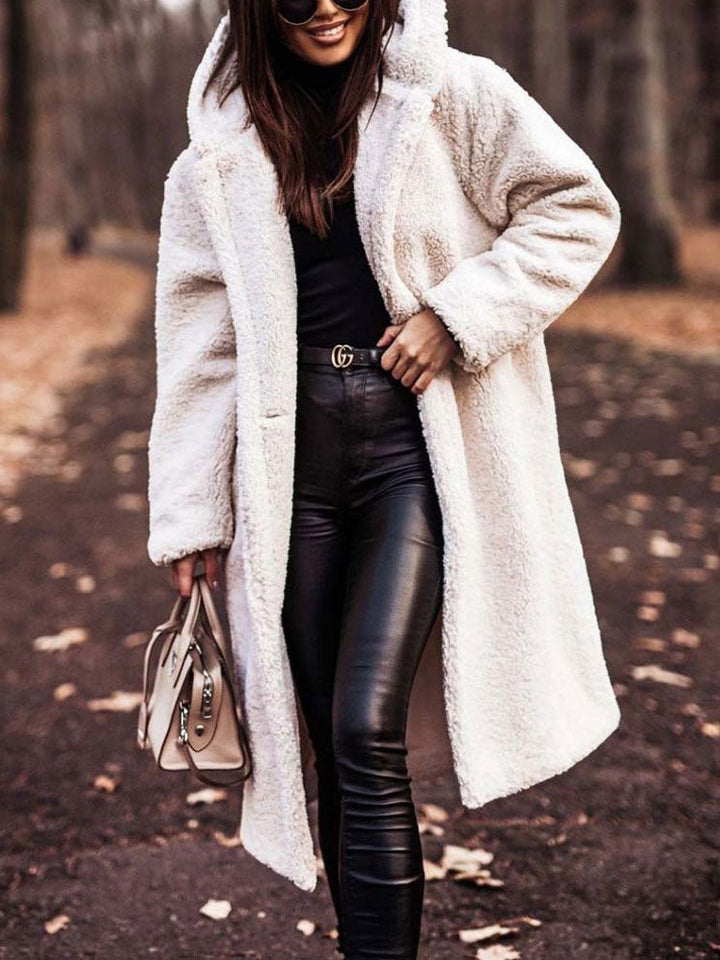 Rosamira hooded longline teddy coat in burgundy, front view with hood detail
