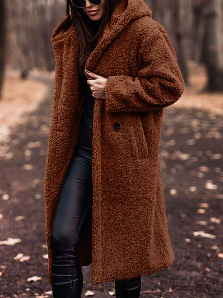 Rosamira hooded longline teddy coat in brown, side view showing button front