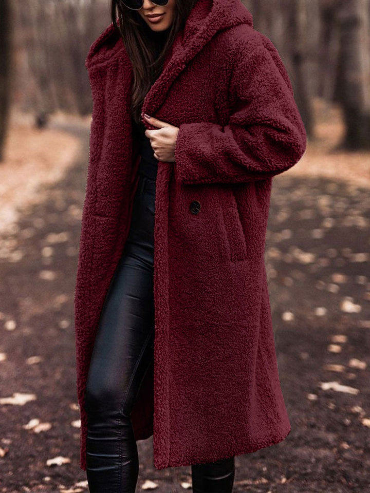 Rosamira hooded longline teddy coat in burgundy, front view with hood detail
