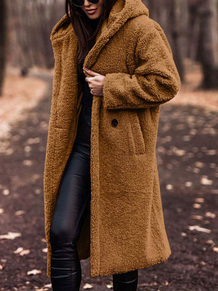 Rosamira hooded longline teddy coat in burgundy, front view with hood detail