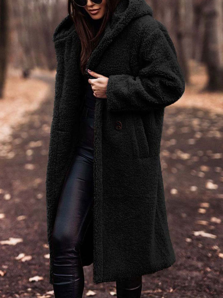 Rosamira hooded longline teddy coat in burgundy, front view with hood detail