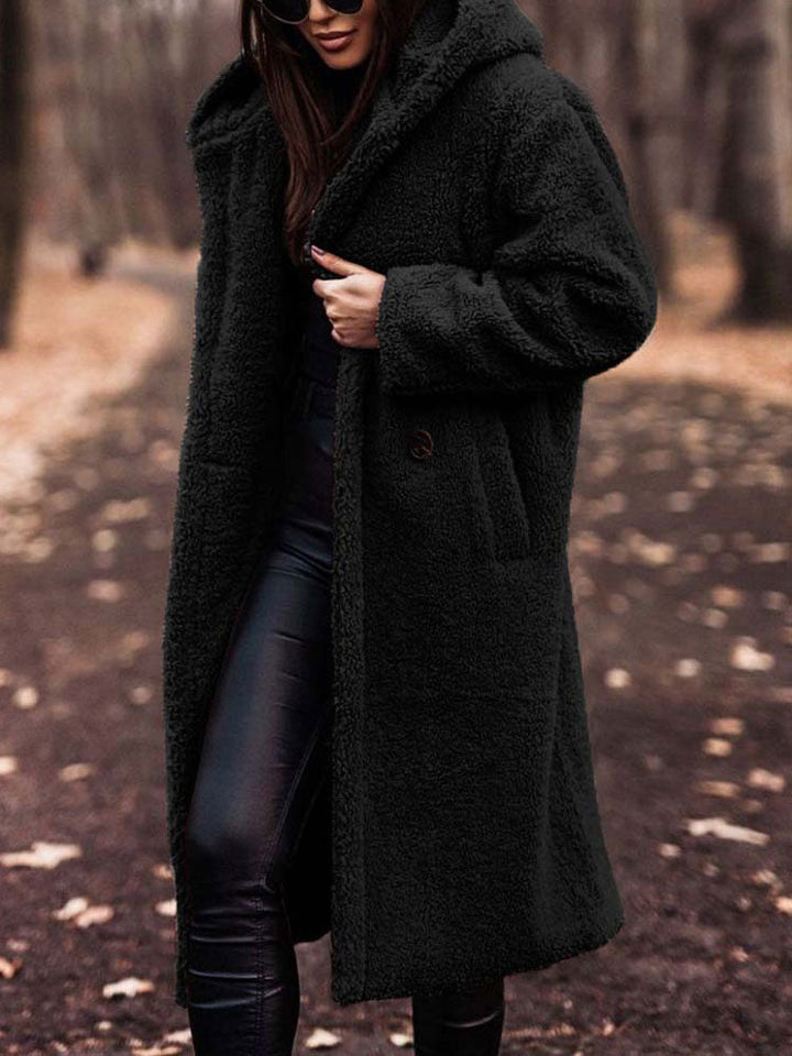 Rosamira hooded longline teddy coat in burgundy, front view with hood detail