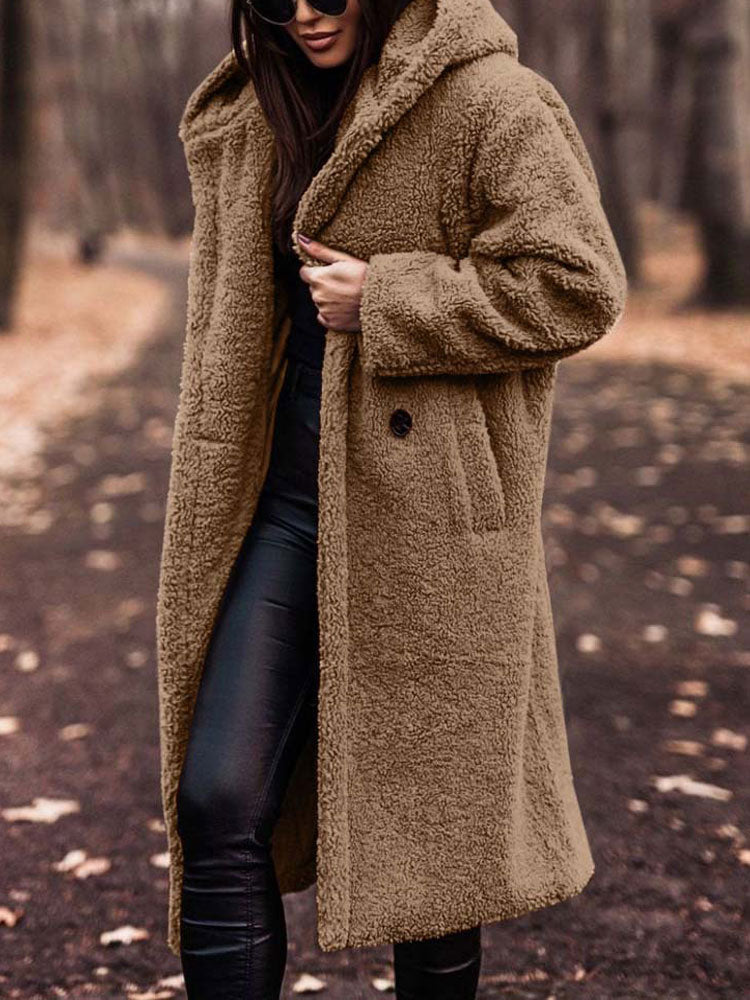 Rosamira hooded longline teddy coat in burgundy, front view with hood detail