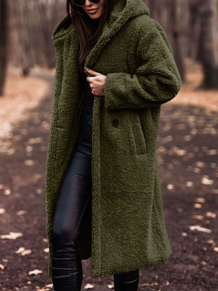 Rosamira hooded longline teddy coat in burgundy, front view with hood detail