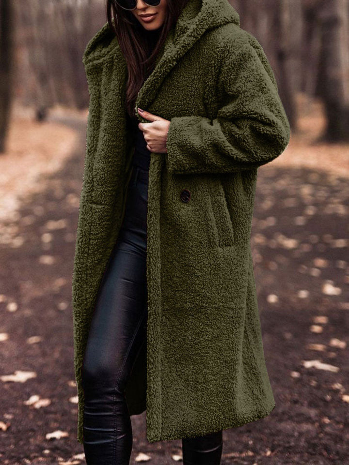 Rosamira hooded longline teddy coat in burgundy, front view with hood detail