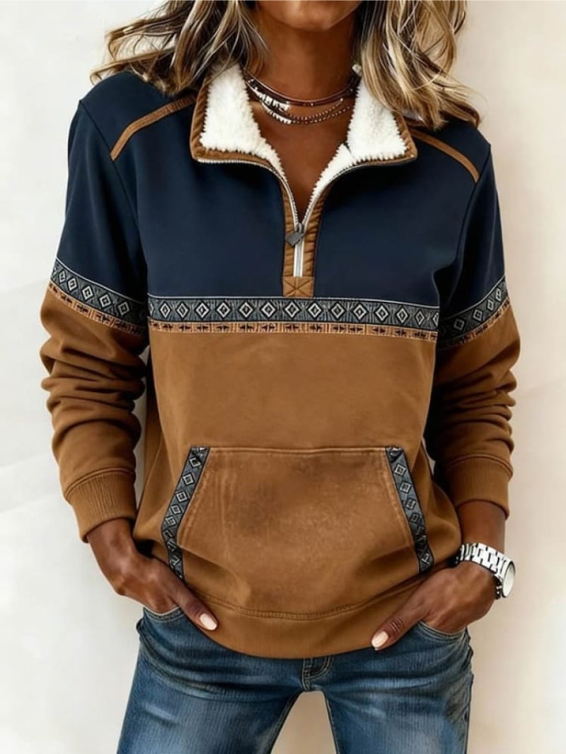 Rosamund colorblock quarter zip sweater with fleece collar, front view close-up