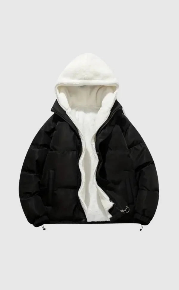 Rosamund hooded puffer jacket, front view with hood up