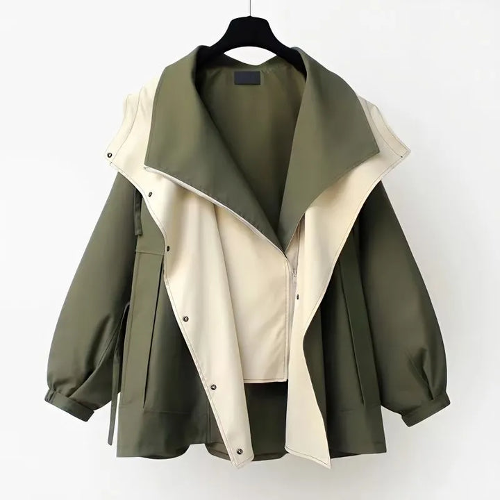 Rosamund two-tone hooded oversized jacket, front view on hanger