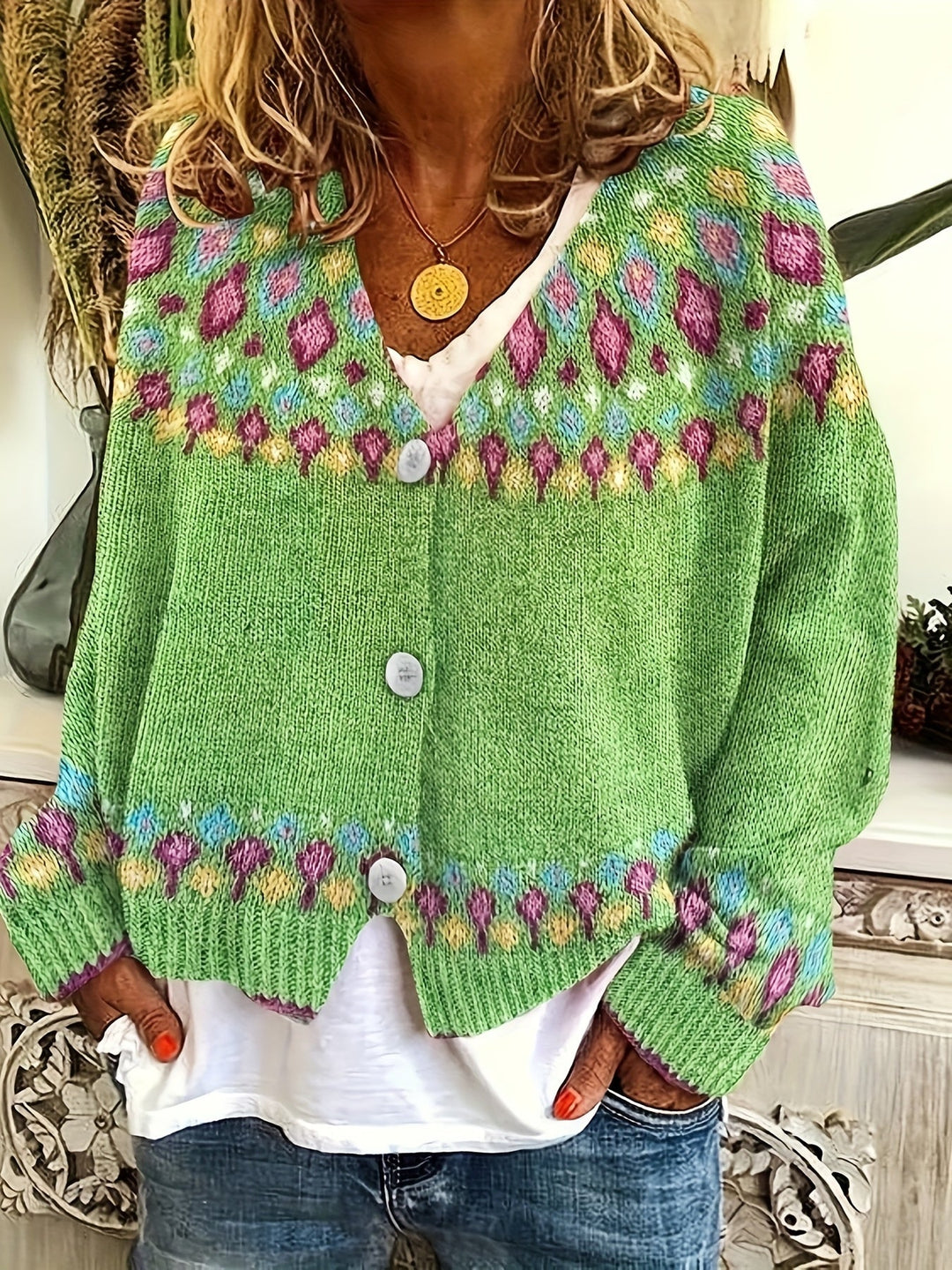 Rosemary Fair Isle button-front cardigan in green, close-up front view