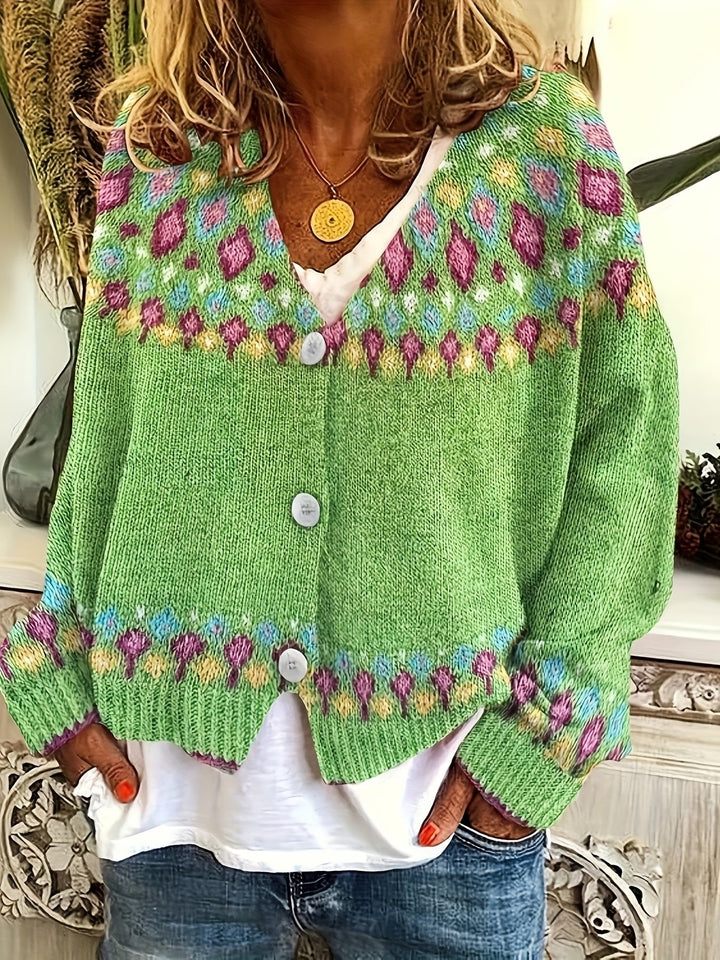 Rosemary Fair Isle button-front cardigan in green, close-up front view