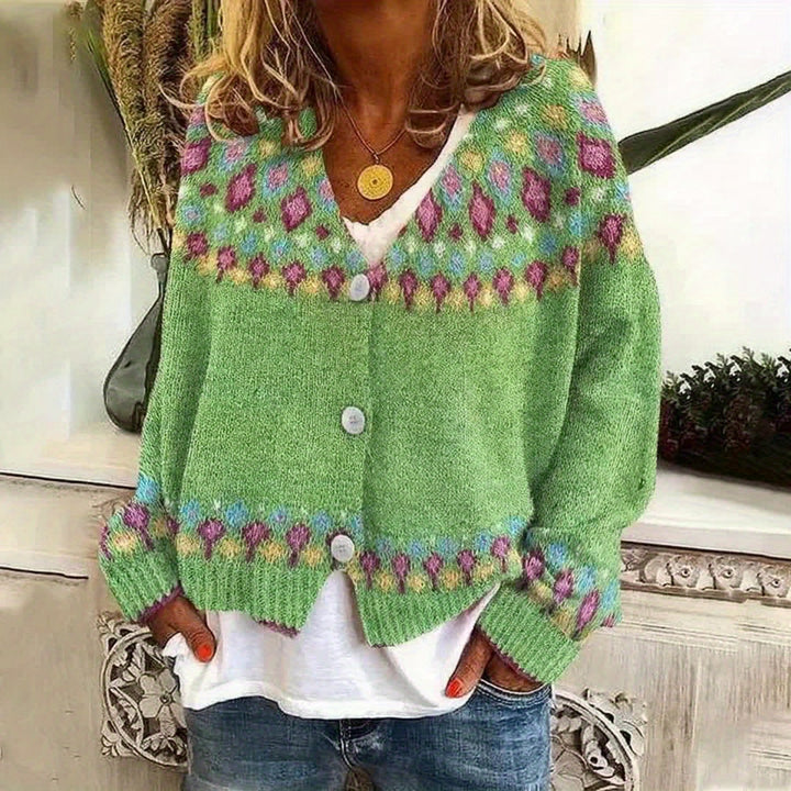 Rosemary Fair Isle button-front cardigan in greenish yellow, back view flat lay
