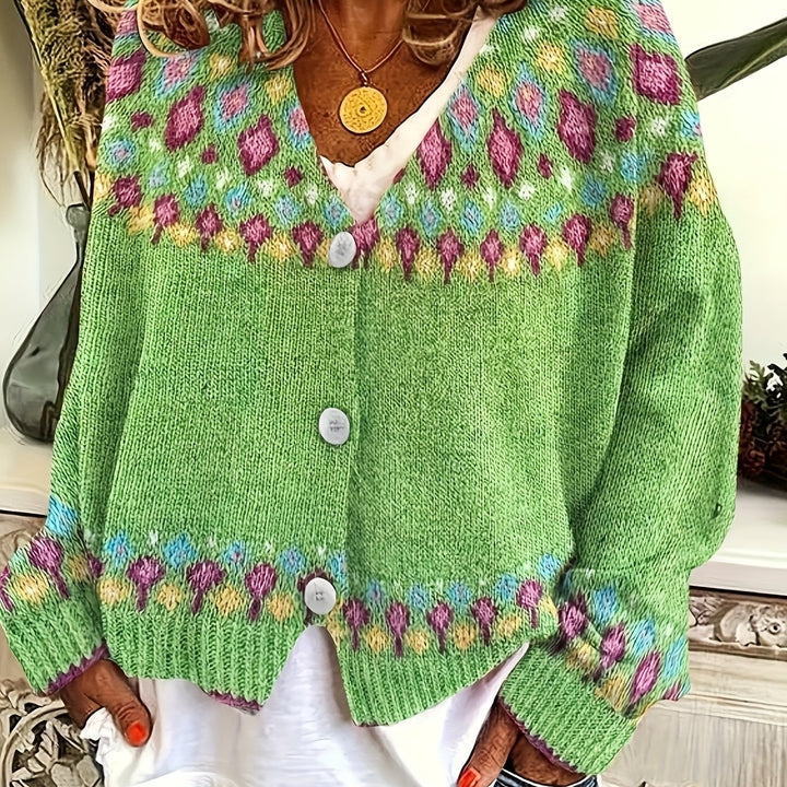 Rosemary Fair Isle button-front cardigan in greenish yellow, back view flat lay