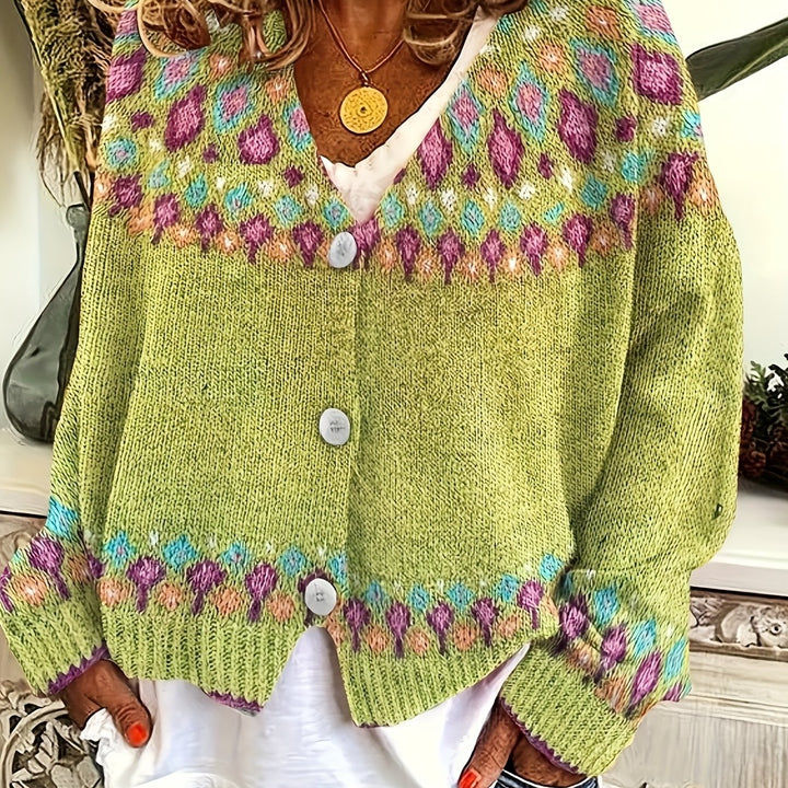 Rosemary Fair Isle button-front cardigan in greenish yellow, back view flat lay