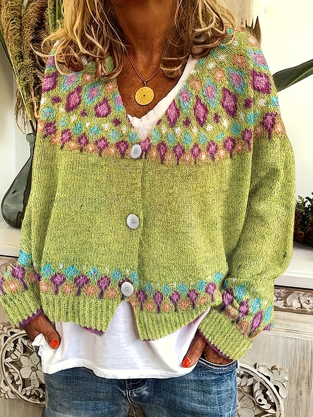 Rosemary Fair Isle button-front cardigan in greenish yellow, close-up front view