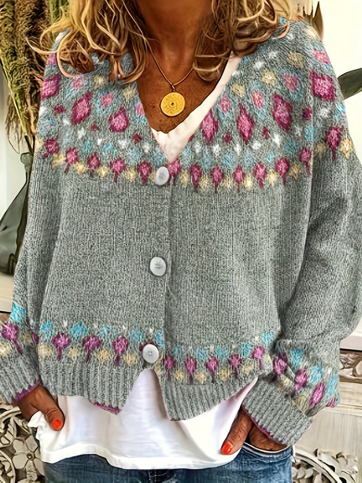 Rosemary Fair Isle button-front cardigan in grey, close-up front view