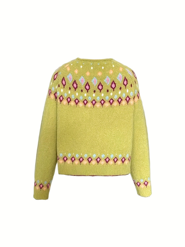 Rosemary Fair Isle button-front cardigan in greenish yellow, back view flat lay