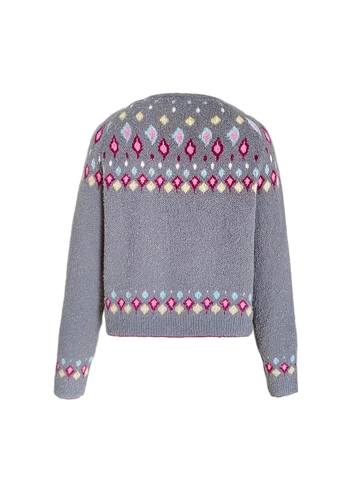 Rosemary Fair Isle button-front cardigan in greenish yellow, back view flat lay